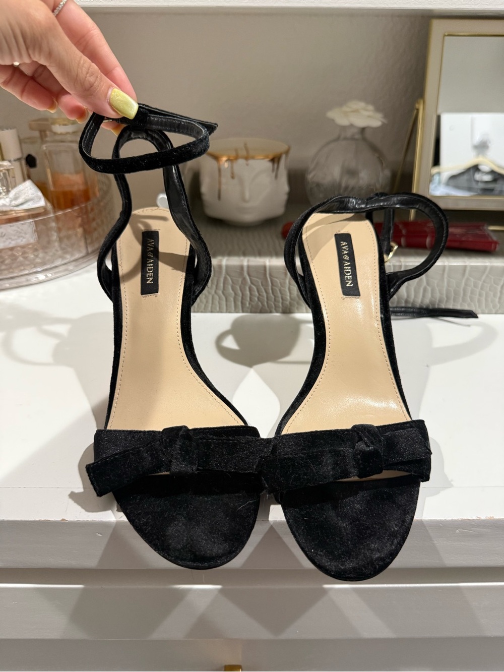 Ava & Aiden Black Suede Bow Ankle-Strap Heels